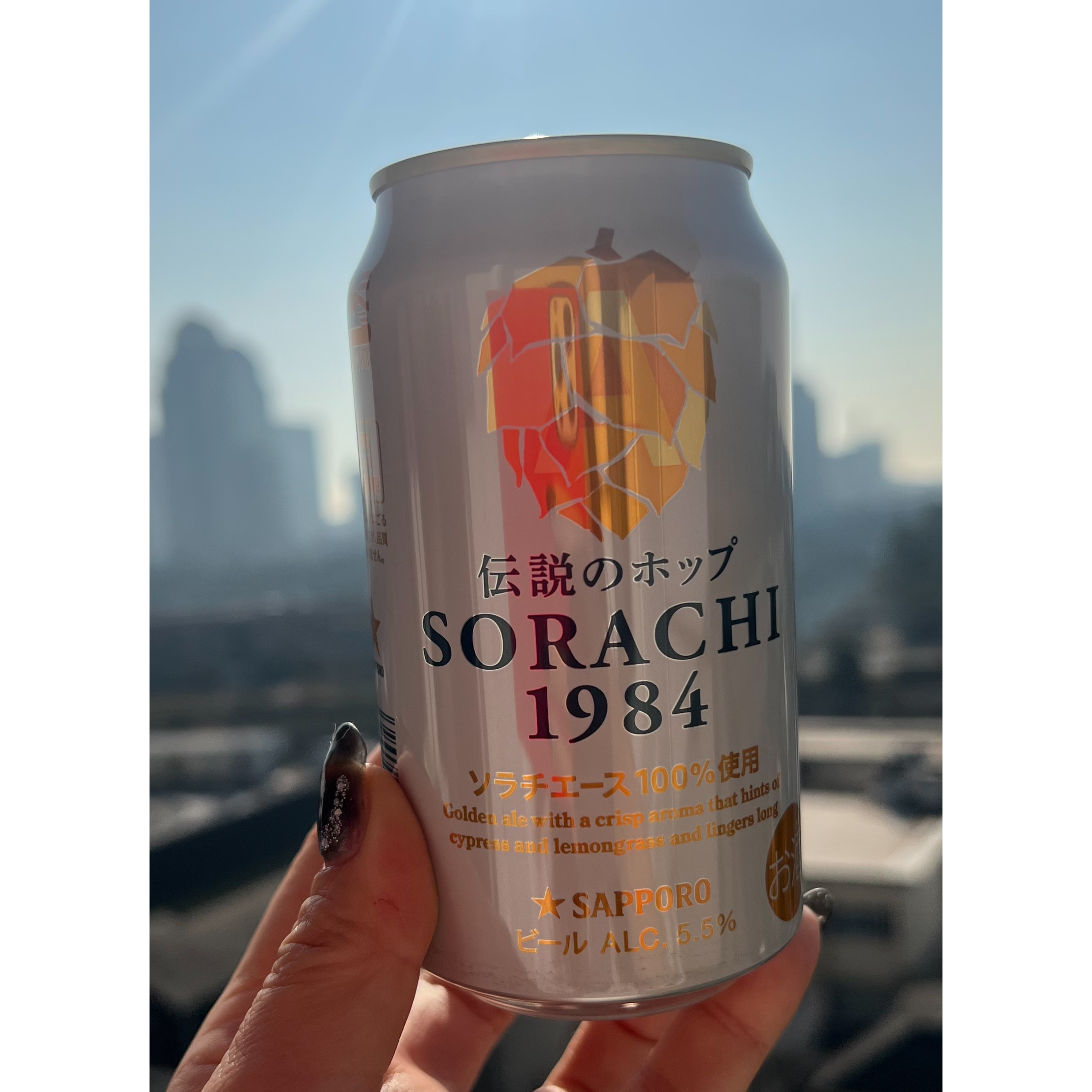 北海道勤務になった主人が「感動するくらいうまい！」と絶賛したビールが『SORACHI 1984』です。
ホップのお洒落なデザインの缶。透き通ったゴールド色のビール。
柑橘系っぽく爽やかで、大自然を感じるヒノキのような個性的な香り。
苦味もあって、コクも感じる、高級感のあるビール。
贅沢な気持ちにしてくれるビールなので、見かけたら是非飲んでみてほしいです！