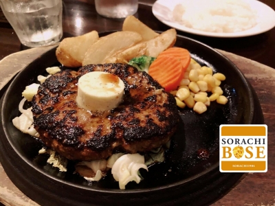 【岡山県 岡山市　ビアレストラン MOBY（モビー） 岡山駅前店】にんにくとバター醤油の黄金コンビ！「ガーリックバター醤油ハンバーグ」アメリカンな空間でこだわりの料理とお酒を存分に堪能できるビアレストラン